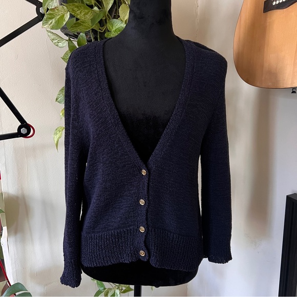 Chaps Sweaters - Chaps Navy Cotton Blend Cardigan, Gold Buttons - Size Large